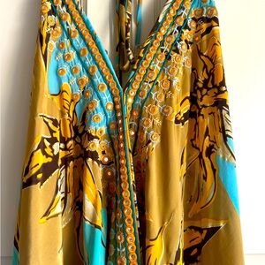 🧡🩵Karma Highway Boho Embellished Mirror Work Halter Maxi Dress Floral OS 🤎🪞